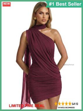 One Shoulder Ribbon Sash Ruched Mesh Bodycon Mini Dress Club Night Out
